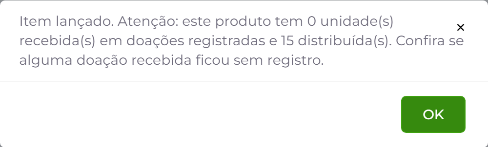 Aviso de que as doações registradas não cobrem o que foi distribuído.
