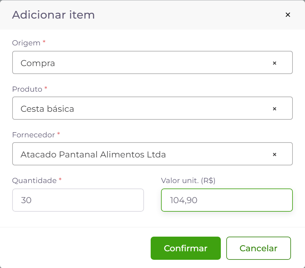 Item comprado: 30 cestas básicas a R$ 104,90 cada.
