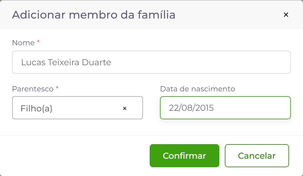 Inclusão de um membro da família.