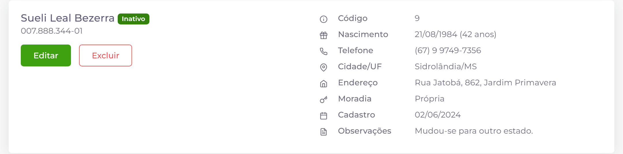 Beneficiário inativo.