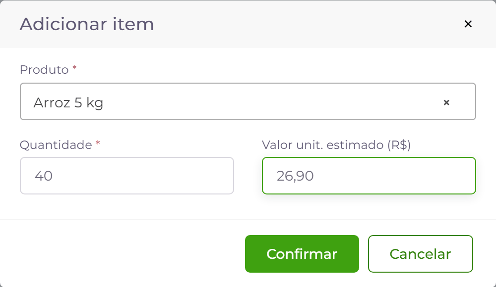 Item recebido: 40 pacotes de arroz, com valor estimado.