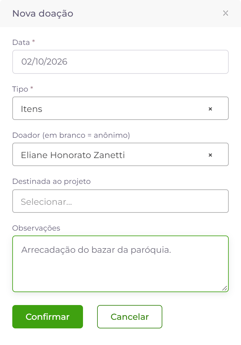 Doação em itens.