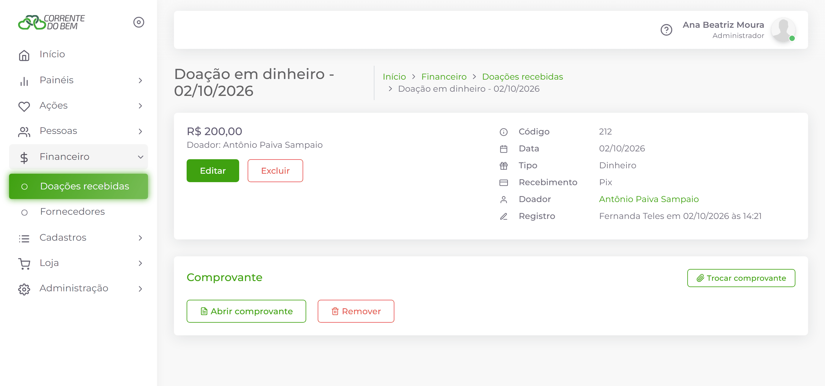 Doação em dinheiro com comprovante.