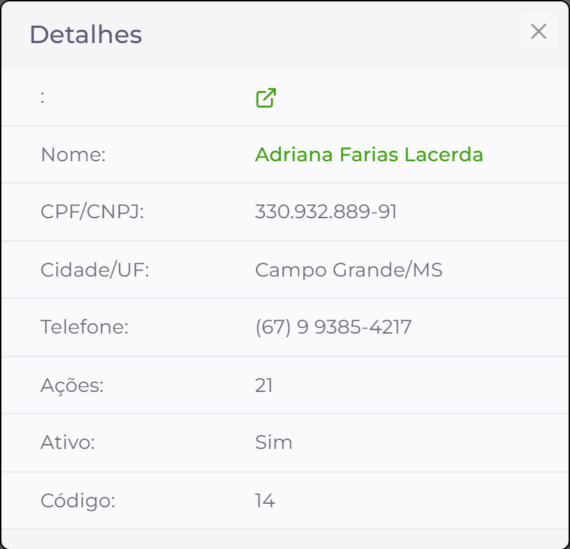 Detalhes de um registro em tela estreita.