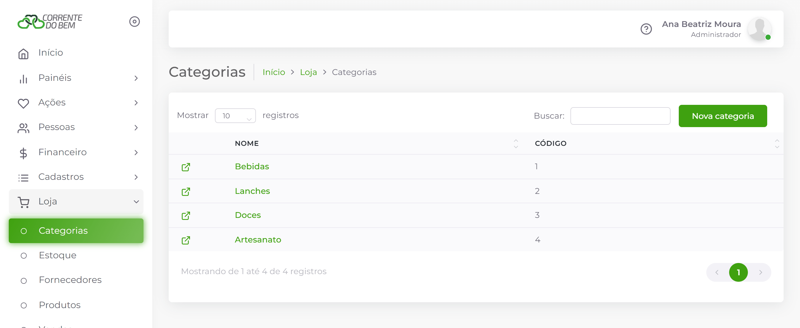 Categorias da loja.