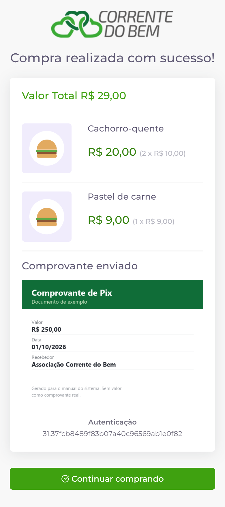 Confirmação da compra.